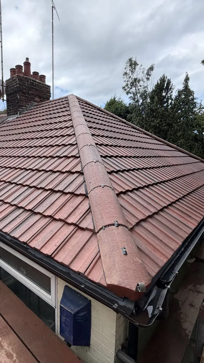 A house mid re-roof, with scaffolding up and a ladder against the wall