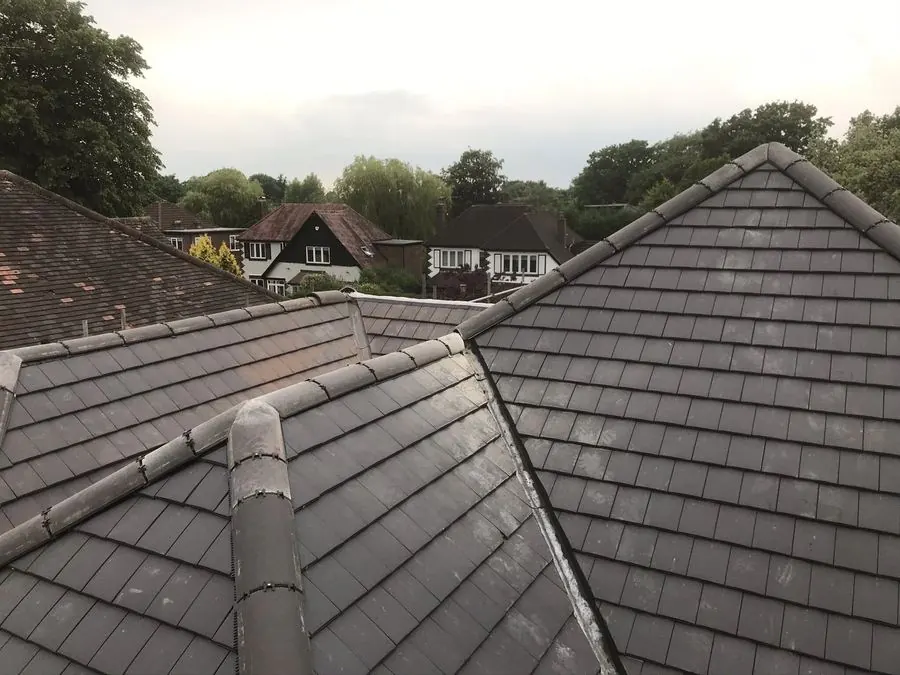 Rooftops with gray and brown tiles in a residential neighbourhood